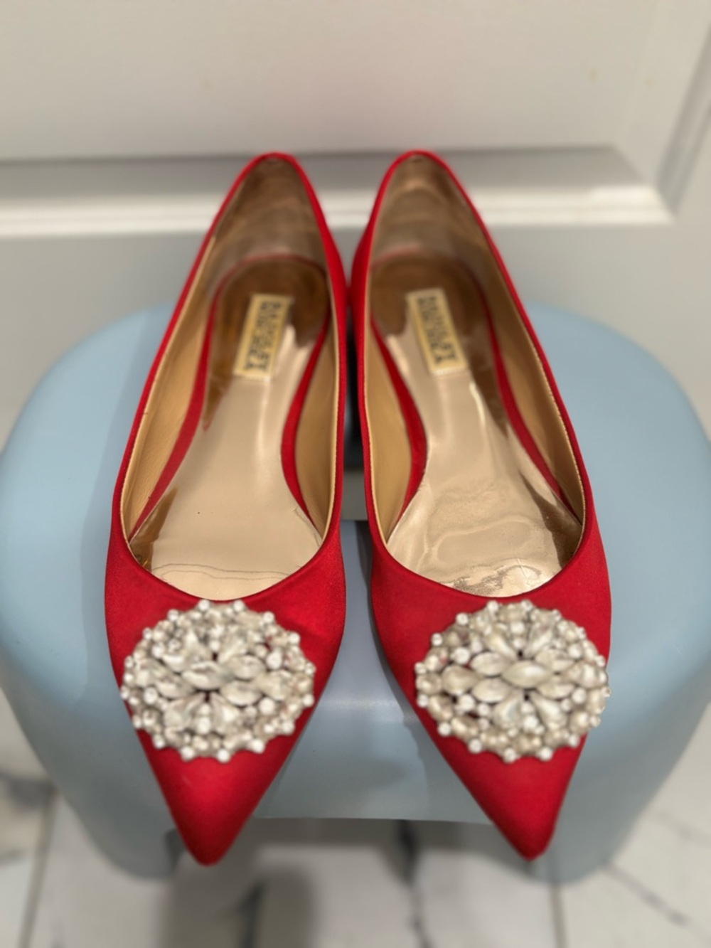 Badgley Mischka Red Satin Pointed Flats with Crystal Medallions